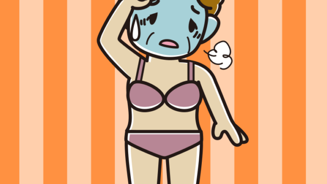 具合が悪い下着姿のおばさんのイラスト【色、背景あり】PNG