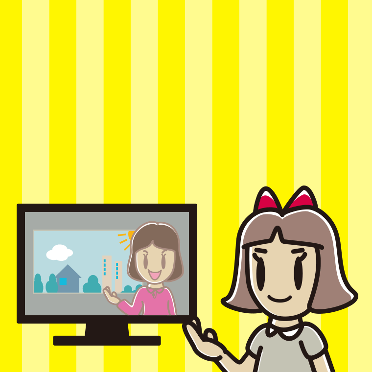 テレビに案内する小学生女子のイラスト【色、背景あり】PNG