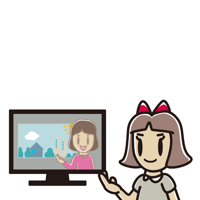 テレビに案内する小学生女子のイラスト【色あり、背景なし】透過PNG