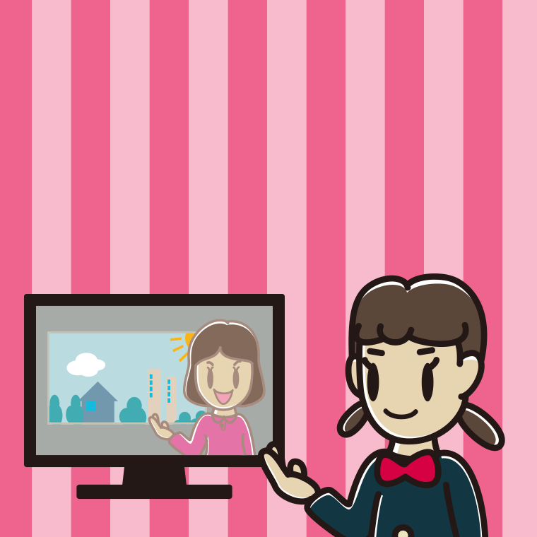 テレビに案内する女子中学生のイラスト【色、背景あり】PNG