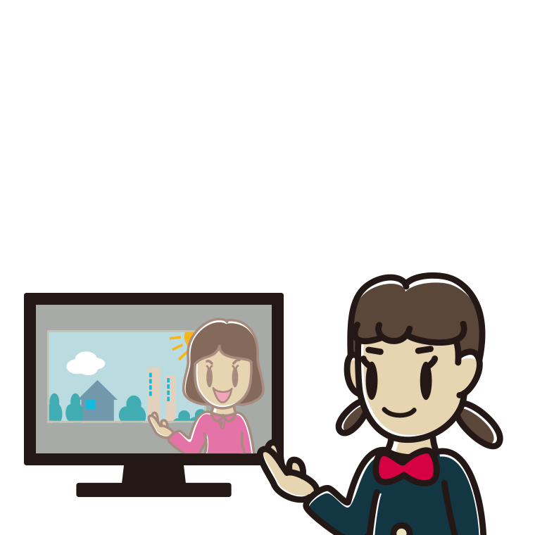 テレビに案内する女子中学生のイラスト【色あり、背景なし】透過PNG