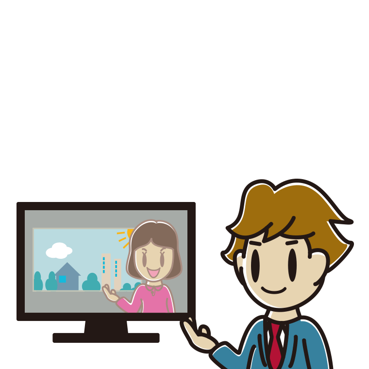 テレビに案内する男子高校生のイラスト【色あり、背景なし】透過PNG