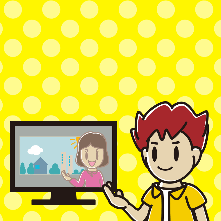 テレビに案内する男子大学生のイラスト【色、背景あり】PNG