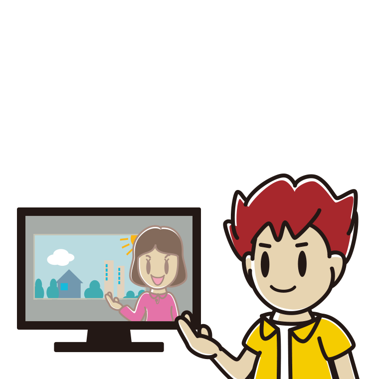 テレビに案内する男子大学生のイラスト【色あり、背景なし】透過PNG