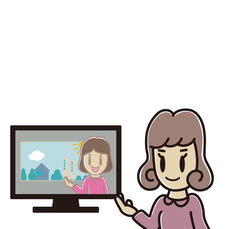 テレビに案内する女子大学生のイラスト【色あり、背景なし】透過PNG