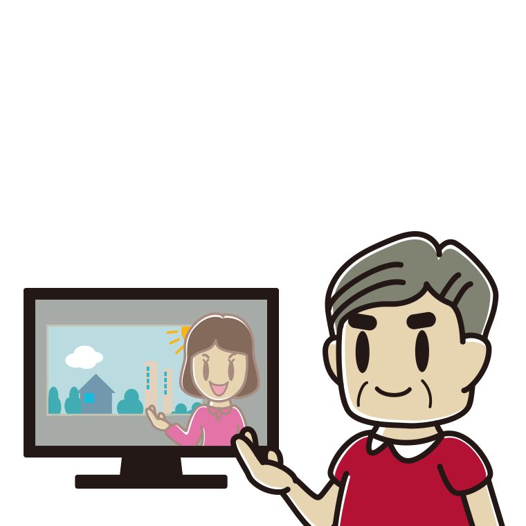 テレビに案内するおじさんのイラスト【色あり、背景なし】透過PNG