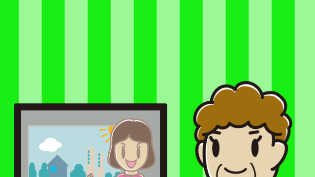 テレビに案内するおばさんのイラスト【色、背景あり】PNG