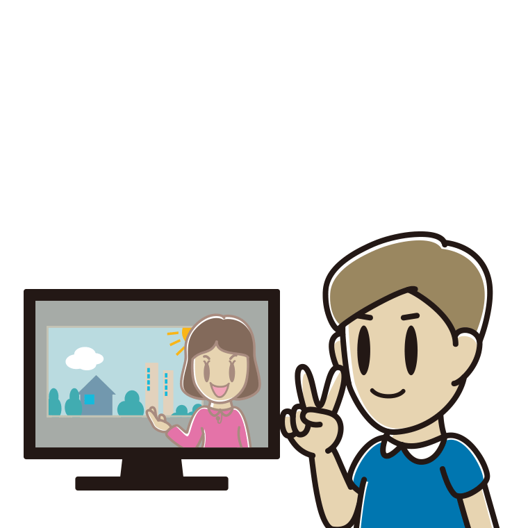 テレビにピースをする男性のイラスト【色あり、背景なし】透過PNG