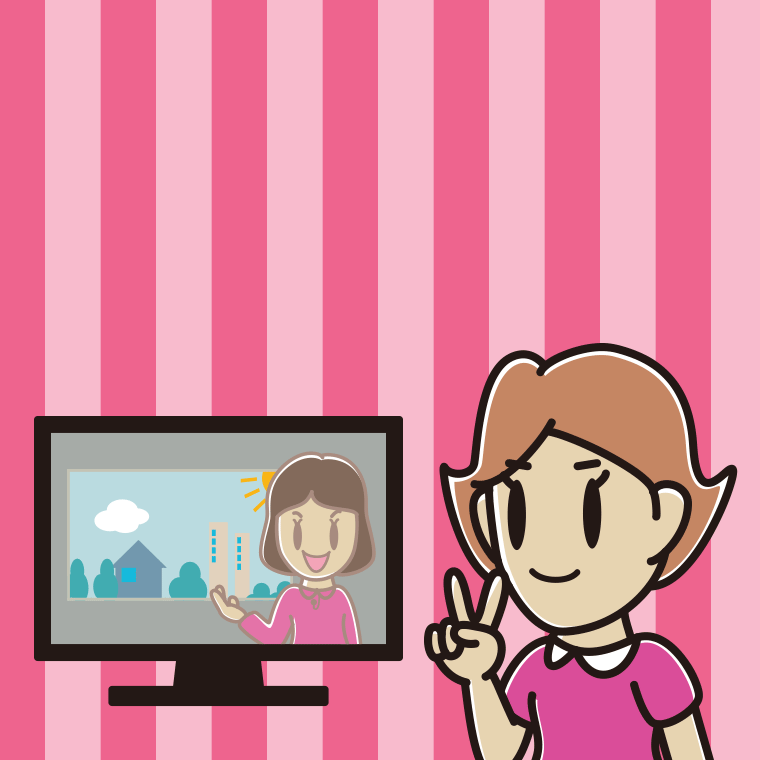 テレビにピースをする女性のイラスト【色、背景あり】PNG