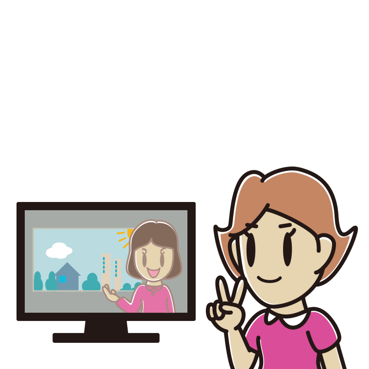 テレビにピースをする女性のイラスト【色あり、背景なし】透過PNG