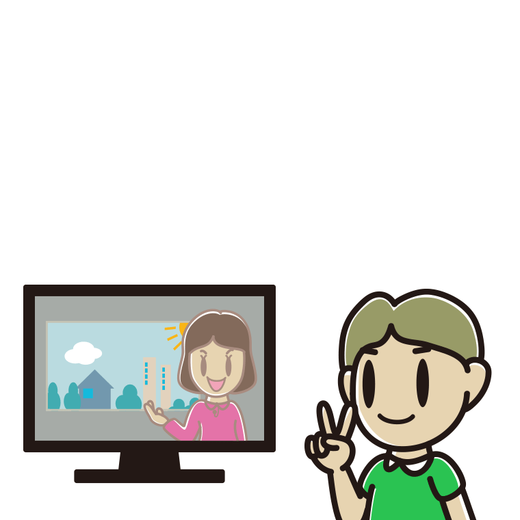 テレビにピースをする小学生男子のイラスト【色あり、背景なし】透過PNG