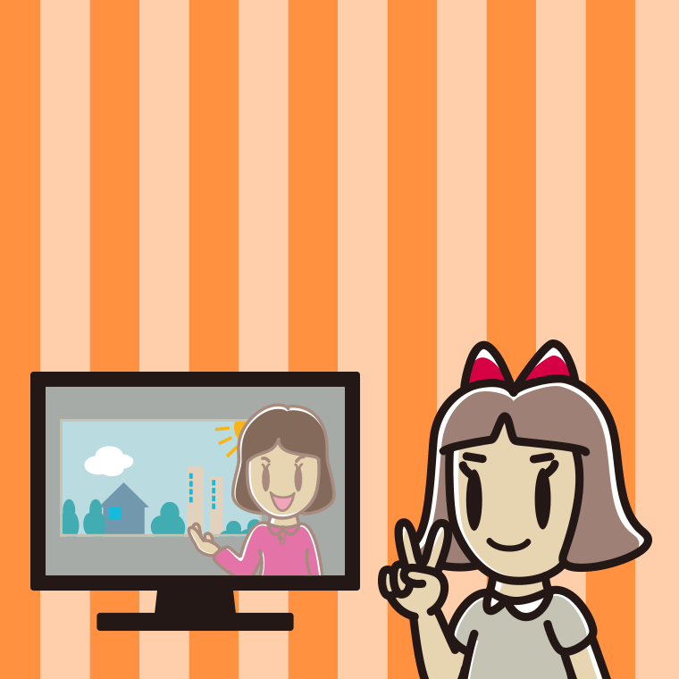 テレビにピースをする小学生女子のイラスト【色、背景あり】PNG