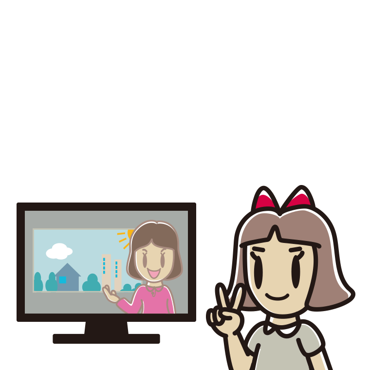 テレビにピースをする小学生女子のイラスト【色あり、背景なし】透過PNG