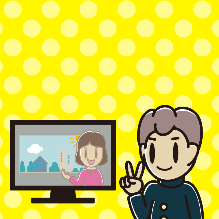 テレビにピースをする男子中学生のイラスト【色、背景あり】PNG