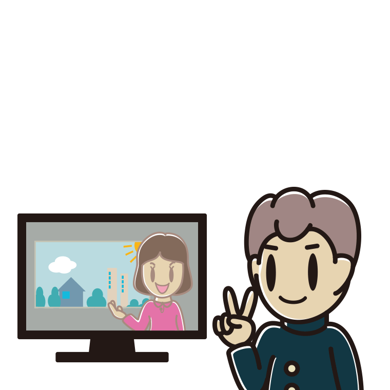 テレビにピースをする男子中学生のイラスト【色あり、背景なし】透過PNG