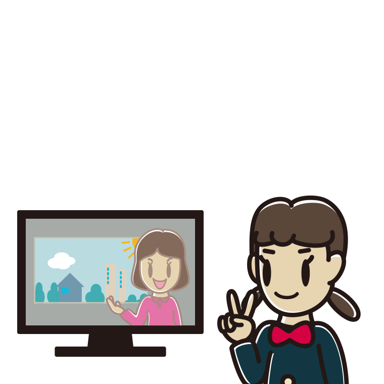 テレビにピースをする女子中学生のイラスト【色あり、背景なし】透過PNG