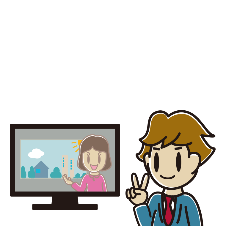 テレビにピースをする男子高校生のイラスト【色あり、背景なし】透過PNG