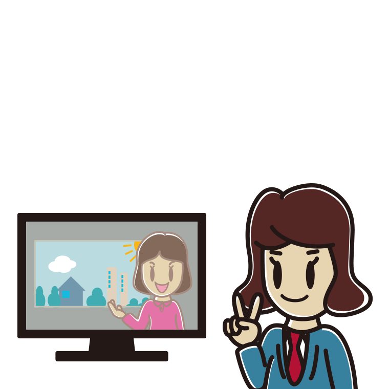 テレビにピースをする女子高校生のイラスト【色あり、背景なし】透過PNG