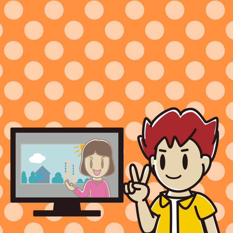 テレビにピースをする男子大学生のイラスト【色、背景あり】PNG