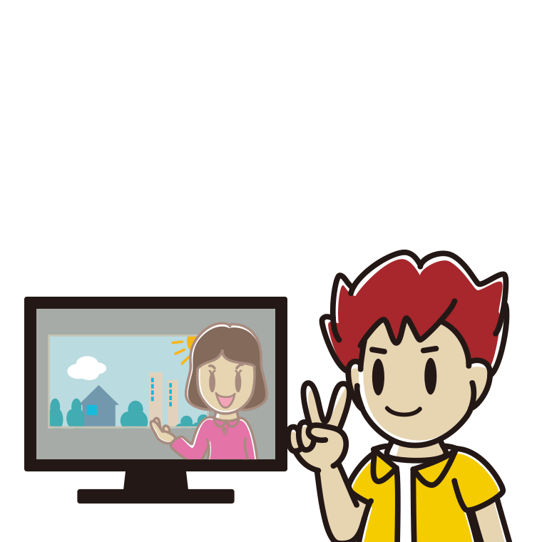 テレビにピースをする男子大学生のイラスト【色あり、背景なし】透過PNG