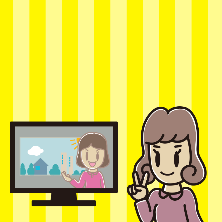 テレビにピースをする女子大学生のイラスト【色、背景あり】PNG