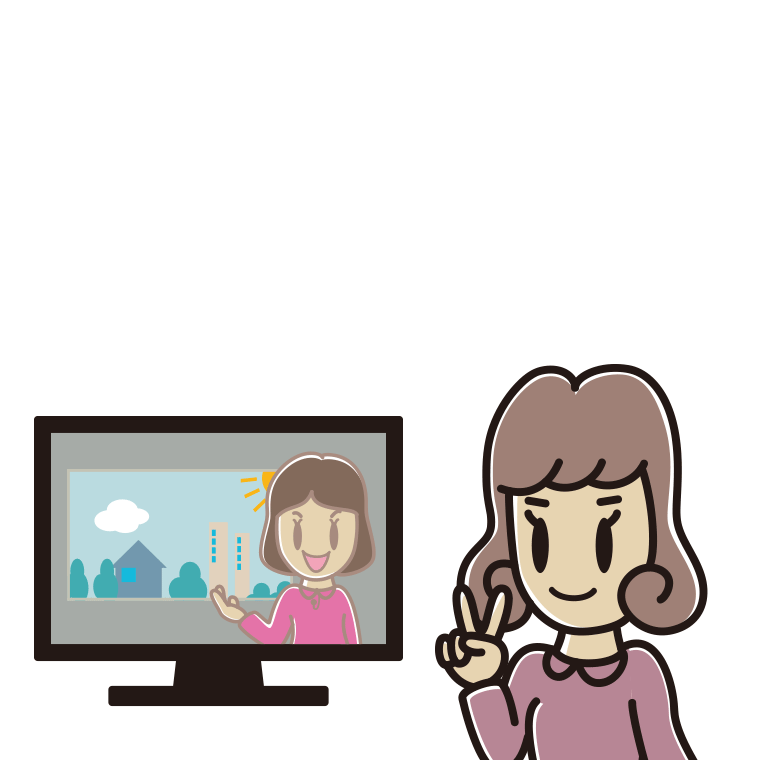 テレビにピースをする女子大学生のイラスト【色あり、背景なし】透過PNG