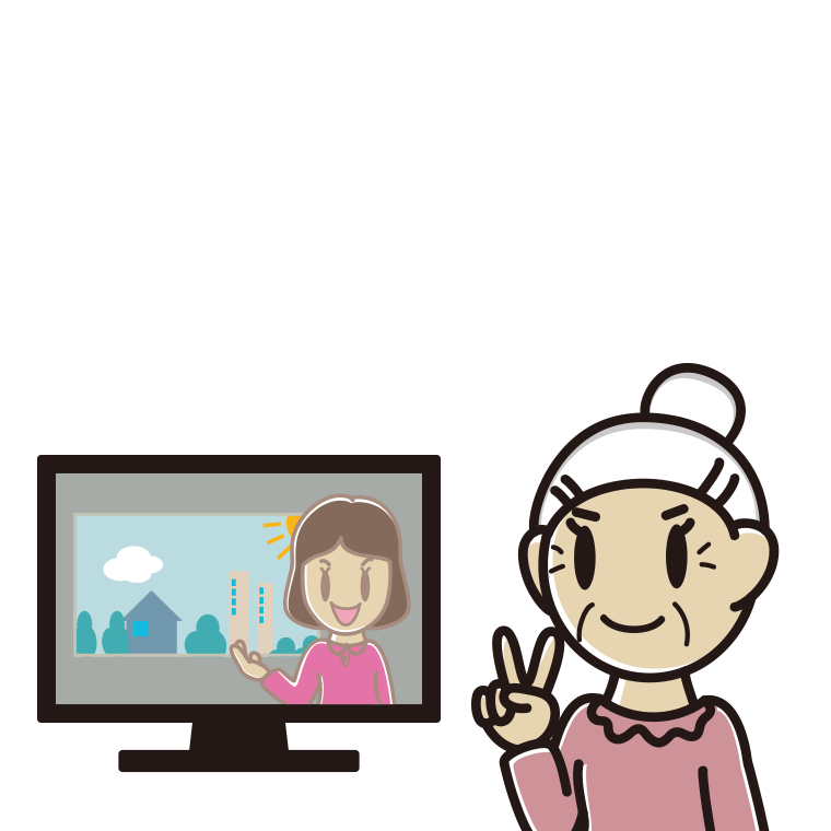 テレビにピースをするおばあさんのイラスト【色あり、背景なし】透過PNG