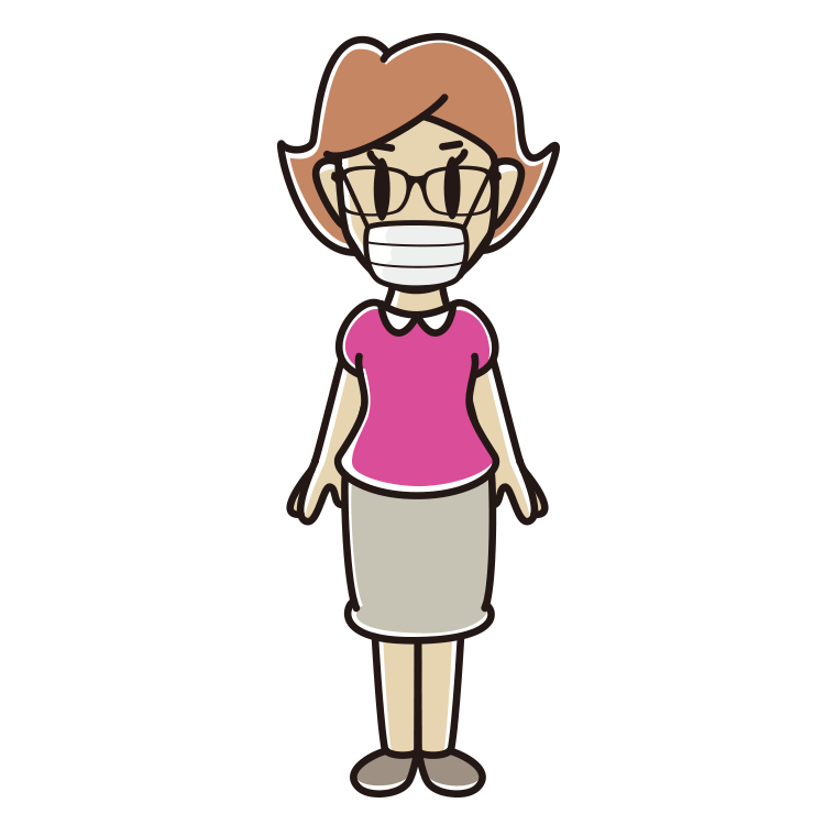 マスクをする眼鏡の女性のイラスト【色あり、背景なし】透過PNG