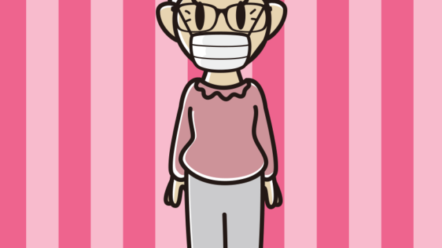 マスクをする眼鏡のおばあさんのイラスト【色、背景あり】PNG