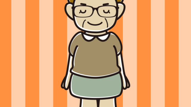 お辞儀する眼鏡のおばさんのイラスト【色、背景あり】PNG