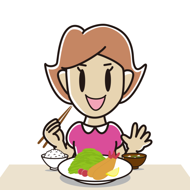 エビフライを食べる女性のイラスト【色あり、背景なし】透過PNG