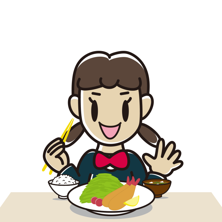 エビフライを食べる女子中学生のイラスト【色あり、背景なし】透過PNG