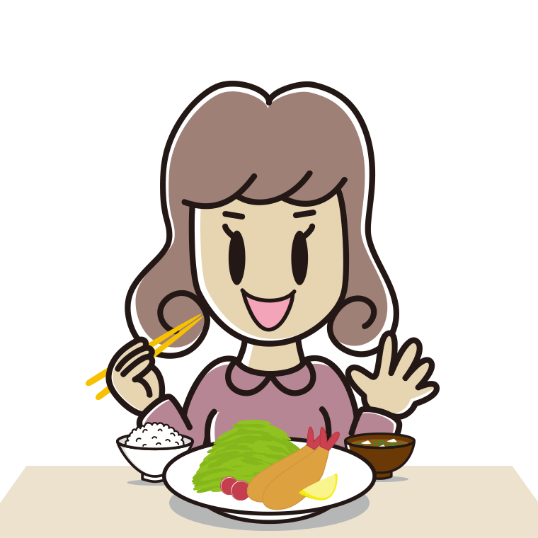 エビフライを食べる女子大学生のイラスト【色あり、背景なし】透過PNG