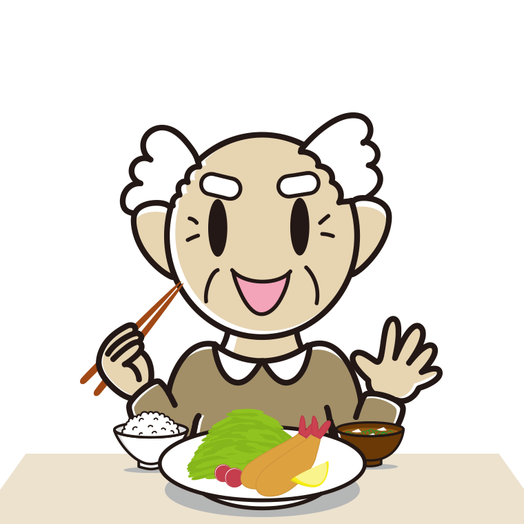 エビフライを食べるおじいさんのイラスト【色あり、背景なし】透過PNG