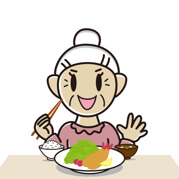 エビフライを食べるおばあさんのイラスト【色あり、背景なし】透過PNG