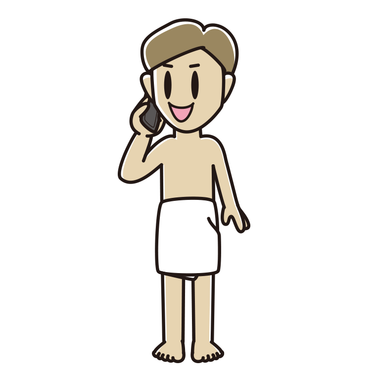 スマホで電話するバスタオル姿の男性のイラスト【色あり、背景なし】透過PNG