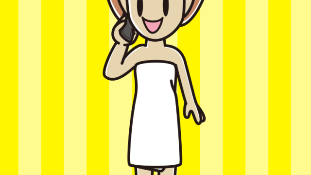 スマホで電話するバスタオル姿の女性のイラスト【色、背景あり】PNG