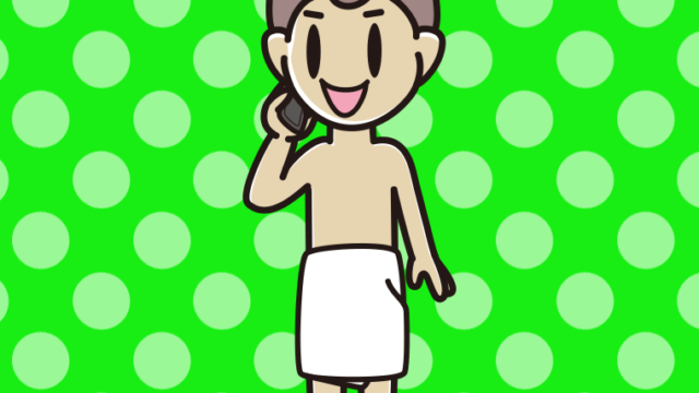 スマホで電話するバスタオル姿の男子中学生のイラスト【色、背景あり】PNG