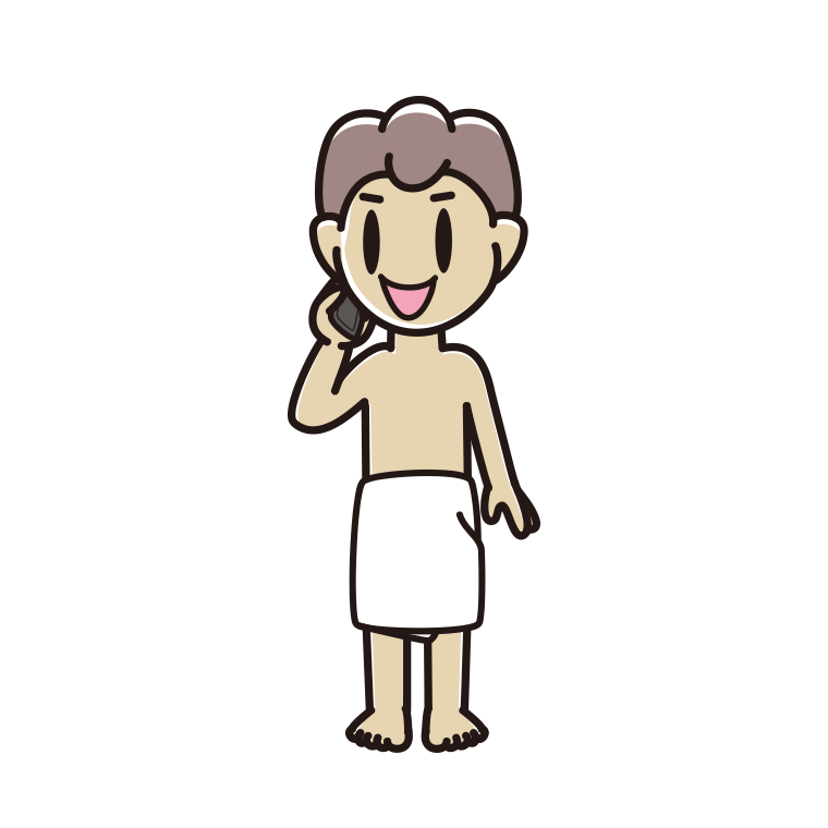 スマホで電話するバスタオル姿の男子中学生のイラスト【色あり、背景なし】透過PNG