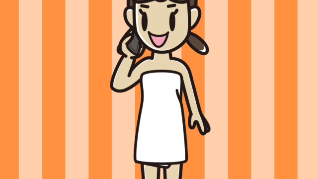 スマホで電話するバスタオル姿の女子中学生のイラスト【色、背景あり】PNG