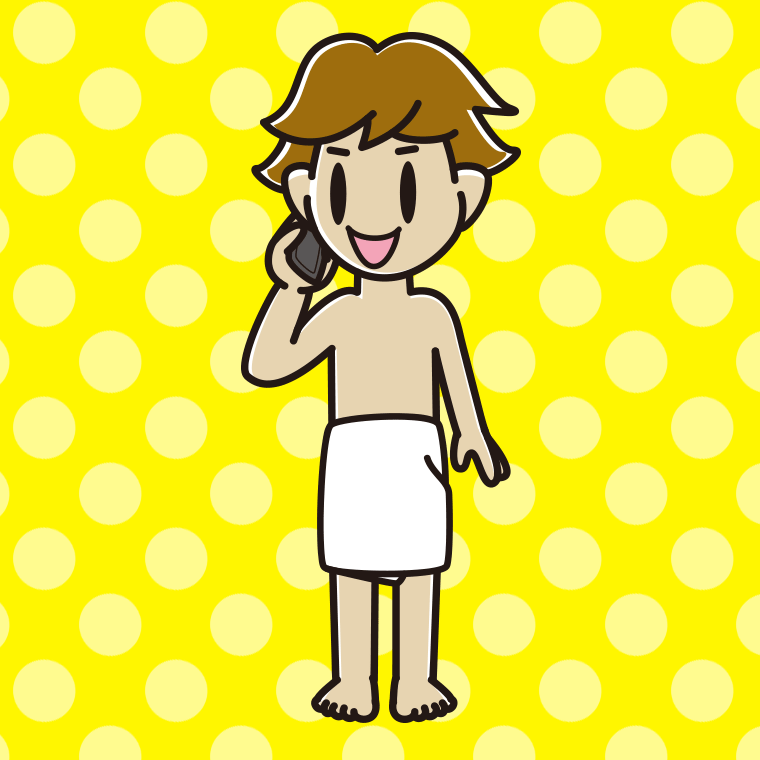 スマホで電話するバスタオル姿の男子高校生のイラスト【色、背景あり】PNG