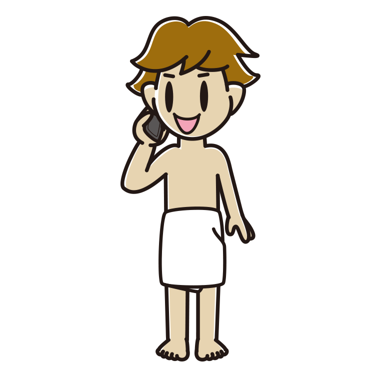 スマホで電話するバスタオル姿の男子高校生のイラスト【色あり、背景なし】透過PNG