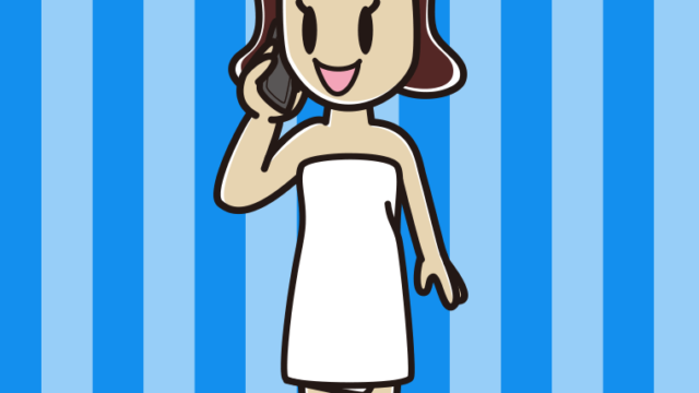 スマホで電話するバスタオル姿の女子高校生のイラスト【色、背景あり】PNG