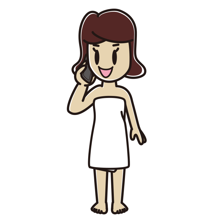 スマホで電話するバスタオル姿の女子高校生のイラスト【色あり、背景なし】透過PNG