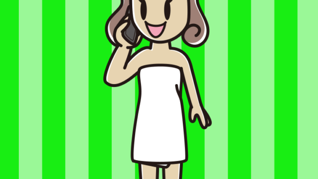 スマホで電話するバスタオル姿の女子大学生のイラスト【色、背景あり】PNG