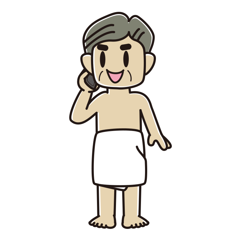 スマホで電話するバスタオル姿のおじさんのイラスト【色あり、背景なし】透過PNG