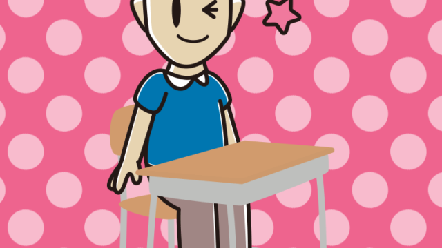 教室の席でウインクする男性のイラスト【色、背景あり】PNG