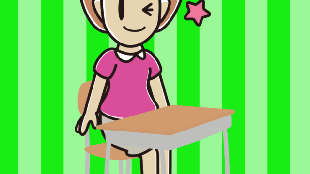 教室の席でウインクする女性のイラスト【色、背景あり】PNG