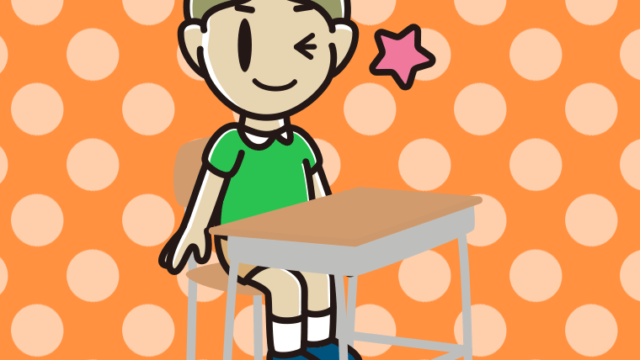教室の席でウインクする小学生男子のイラスト【色、背景あり】PNG