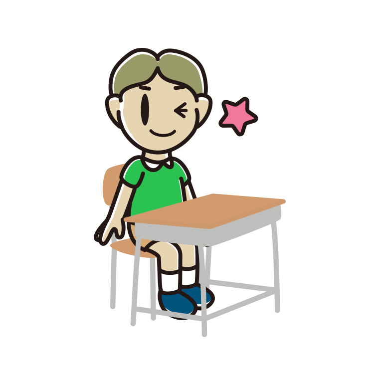 教室の席でウインクする小学生男子のイラスト【色あり、背景なし】透過PNG